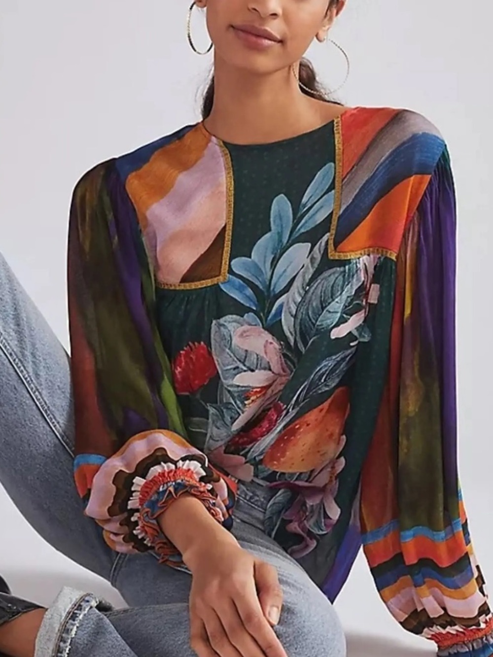 Blank London x Anthropologie Miranda Top Viscose Abstract Puff Sleeve Size XS